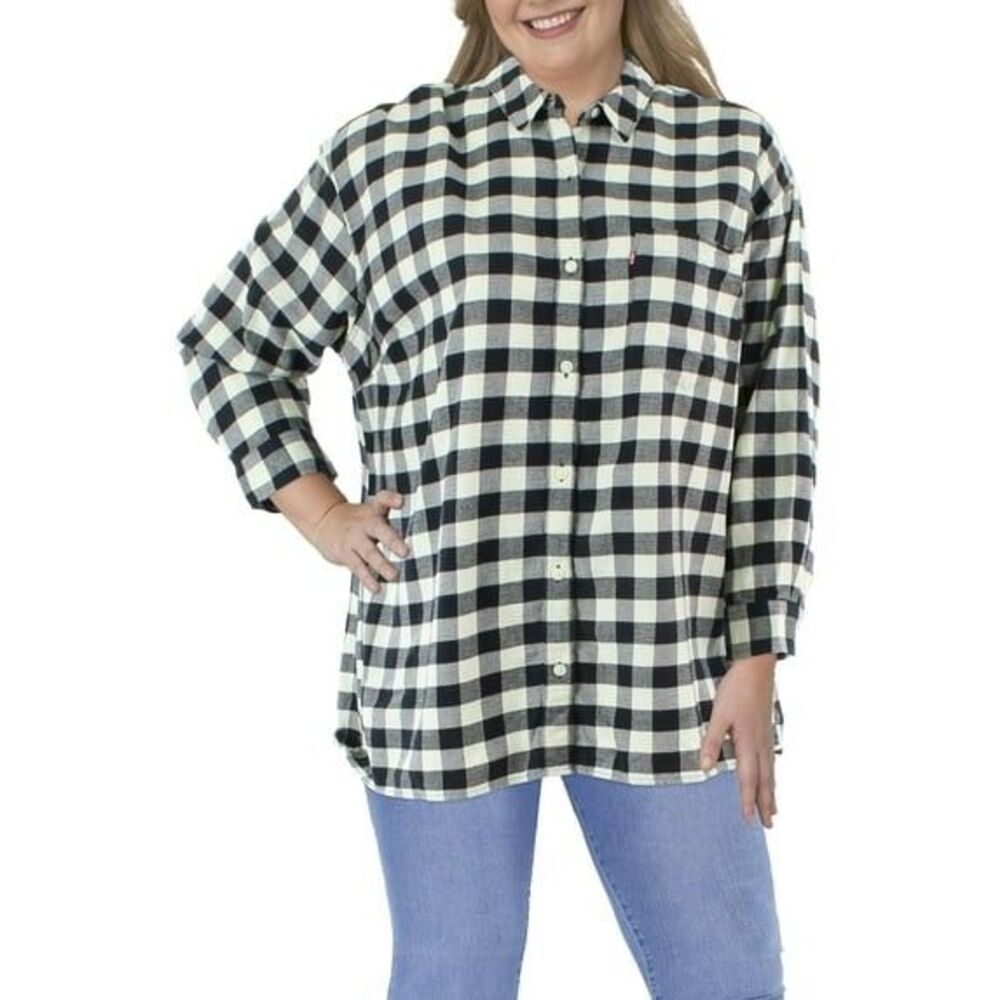 Levi's Women's Cotton Flannel Plaid Button-Down Shirt - Black/Ivory - Size 3X
